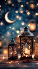 Wall Mural - enchanting lanterns under a starry night sky: a magical atmosphere of warmth and wonder.