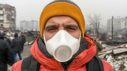 A man in a mask stands amidst a devastated urban landscape, wearing an orange jacket and a yellow beanie.