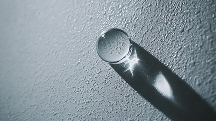 Wall Mural - A delicate transparent water droplet rolling slowly across a smooth white surface, reflecting light and showcasing the clarity of the droplet