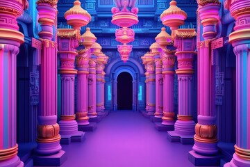 Wall Mural - stunning neon corridor with vivid pillars and ornamental lanterns in a fantasy palace setting.
