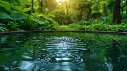 Wall Mural - vibrant and refreshing image of raindrops splashing on calm water surface surrounded by lush greenery, capturing essence of nature tranquility and beauty