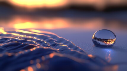 Wall Mural - A single, perfectly rounded water droplet resting on a clean white surface, with light refracting through it beautifully