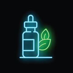 Wall Mural - Glowing neon sign of a dropper bottle with cannabis oil and a marijuana leaf, perfect for businesses related to marijuana, cannabis, cbd oil, and more