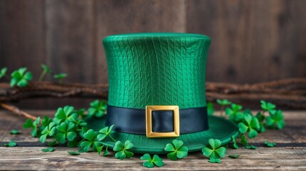 Green hat with a golden buckle and copy space, representing Irish tradition against a wooden background