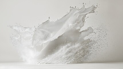 Wall Mural - Soft water droplets flying through the air, captured as they form a fine spray against a smooth white backdrop, emphasizing their light and airy quality