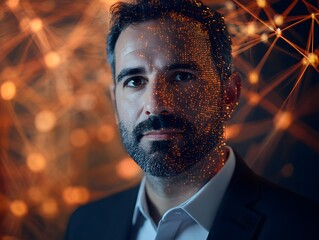Aufkleber - Portrait of a Thoughtful Businessman Surrounded by Digital Connections and Data Visualization Representations in a Modern Tech Environment