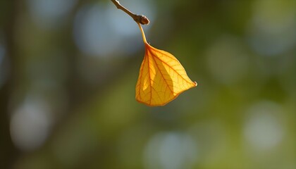 a yellow leaf hanging from a tree branch