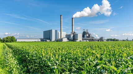 Industrial plant overlooking green fields modern landscape daytime