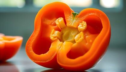 an orange pepper cut in half on a table