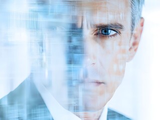 Fototapete - Professional businessman with piercing blue eyes gazes through abstract digital patterns, symbolizing technological innovation and modern business.