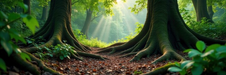 Wall Mural - Giant tree roots stretching across the forest floor, trunks, plants, jungle