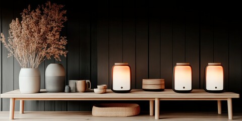 Wall Mural - serene home decor: cozy lamps, dried flowers, and modern design for a tranquil ambiance in your livi