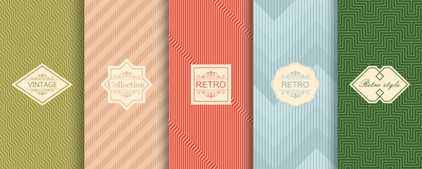 Aufkleber - Set of Cute geometric seamless patterns on vibrant background with minimal labels, frames. Abstract  vector textures.Vintage  Design for print, vaucher, decor, package, banner