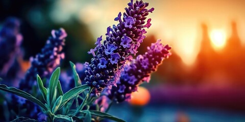 Wall Mural - Vibrant lavender blossoms in sunset light with bokeh effect