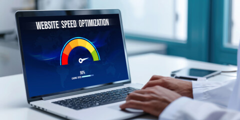 Wall Mural - computer software evaluating website loading speed. concept of improving website loading speed brisk