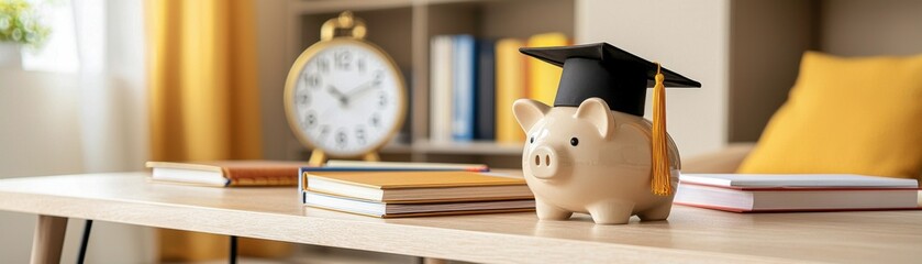 Wall Mural - A piggy bank wearing a graduation cap sits on a table with books and a clock, symbolizing saving for education and financial planning.