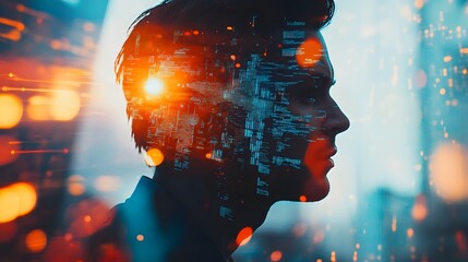 Poster - Futuristic Profile of a Person with Digital Skyline Overlay Representing Technology, Data, and Innovation in a Modern Urban Environment at Twilight