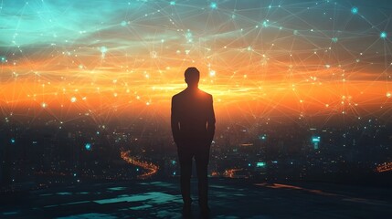Poster - A person standing on a rooftop overlooking a vibrant cityscape at sunset, surrounded by glowing network connections symbolizing innovation and technology