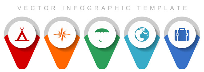 Poster - Adventure pointer collection, miscellaneous icons such as tent, navigation, umbrella, globe and case, flat design vector infographic template in eps 10