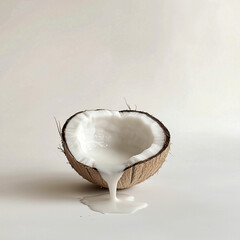 Fresh coconut with creamy milk flowing from its shell on a light background