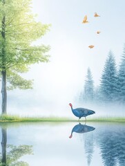 Fototapete - Serene Bird by Still Water - A tranquil scene of a bird near a calm lake, surrounded by trees and a misty atmosphere.  Birds are also flying overhead.
