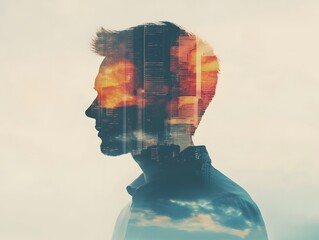 Aufkleber - Profile silhouette of a man blended with a city skyline and colorful sunset, representing the intersection of urban life and personal reflections in a creative double exposure technique.