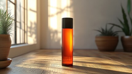 Poster - Elegant amber bottle in sunlit interior with plant decorations