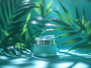 Poster - Green Cosmetic Jar Surrounded by Tropical Leaves in Soft Light