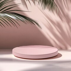 3d render, abstract minimal scene with pink podium and palm leaves.