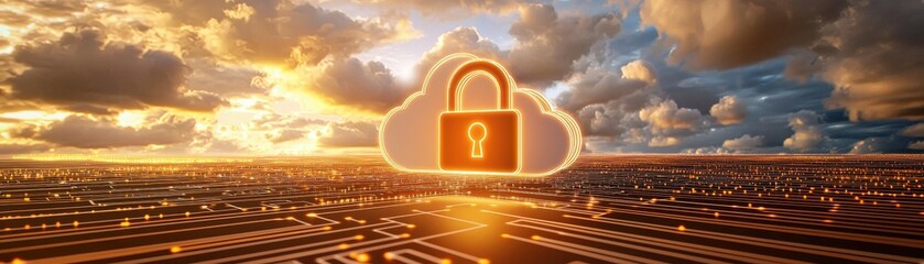 Wall Mural - A glowing padlock inside a cloud symbolizing digital security and data protection against a backdrop of clouds and a sunset.