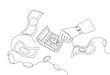 © AgFang - Continuous one line hand drawn of a hand using a calculator, surrounded by floating money and coins. financial planning, budgeting, or accounting concept, Vector illustration, Editable stroke