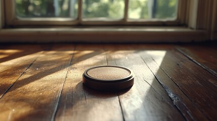 Poster - Minimalistic Round Object on Wooden Floor Bathed in Soft Light