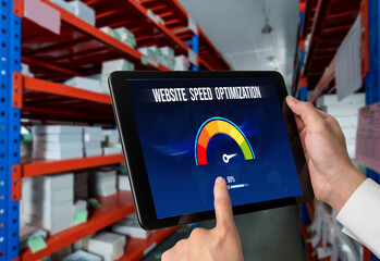 Wall Mural - computer software evaluating website loading speed. concept of improving website loading speed snugl
