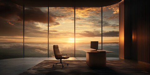 Wall Mural - A modern office with large windows showcases a stunning sunset, creating a serene and inspiring workspace.