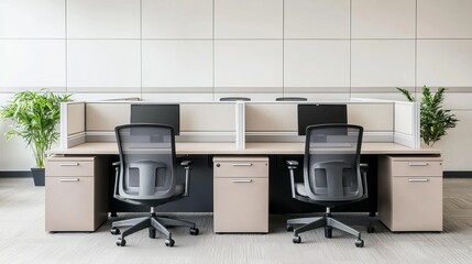 Poster - A modern office workspace with two ergonomic chairs and desks, featuring plants for a touch of greenery and a clean, organized aesthetic.