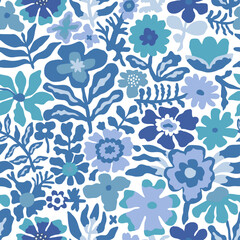 Aufkleber - Blue patterns depicting bright tropical plants, flowers, flower twigs, leaves on a white background. For printing patterns, wallpaper, logos, stickers, cards.