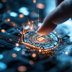 Wall Mural - glowing circular interface on dark blue circuit board