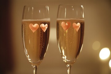 Wall Mural - Elegant champagne flutes adorned with hearts, set on a table, perfect for celebrating love on Valentine's Day.