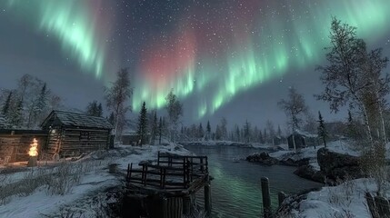 Wall Mural - Aurora Borealis over snowy village, night