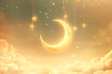 Wall Mural - A Serene Ramadan Kareem Background with a Bright Crescent Moon.