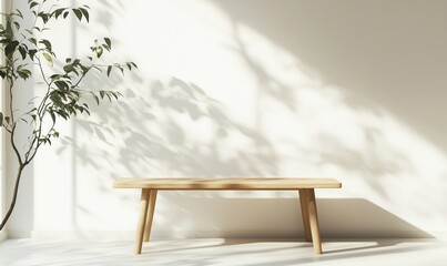 Canvas Print - Minimalist wooden table casting shadows in bright room with plant, showcasing natural light and simplicity