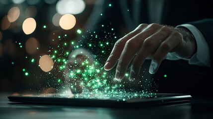 Wall Mural - glowing green particles emitting from tablet screen close up hands interaction bokeh background