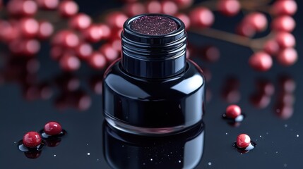 Poster - Glossy Black Container with Red Glittering Substance and Berries