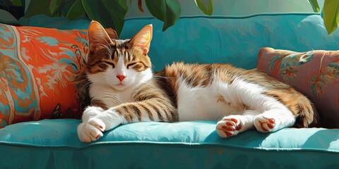 Naklejka na meble Relaxed Cat Lounging on Colorful Couch Surrounded by Decorative Pillows and Natural Light
