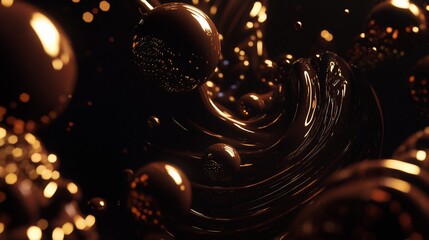 Abstract dark chocolate swirl with golden bokeh background and floating spheres