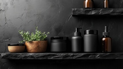 Poster - Elegant Display of Skincare Containers and Greenery on Shelves