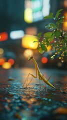 Close up macro shot of a praying mantis insect perched on a leaf with dew droplets set against a blurred dark and colorful natural background with branches foliage and bokeh effect