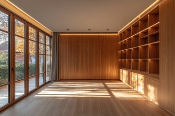 Wall Mural - Modern Empty Room with Wooden Shelves and Large Windows Embracing Natural Light