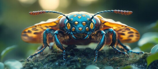 Closeup macro shot of a vibrant jewel toned beetle with intricate textured patterns on its shell and compound eyes