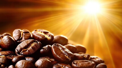 Wall Mural - Close-up of roasted coffee beans illuminated by warm sunlight, creating a vibrant atmosphere